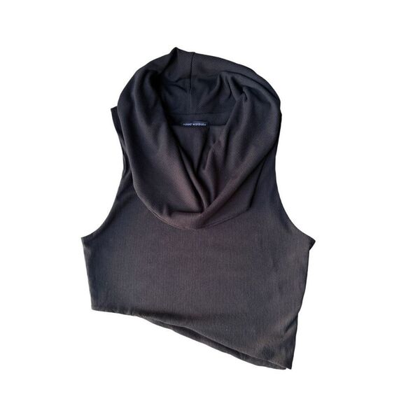 Naked Wardrobe Ribbed Sleeveless Cowl neck Asymmetrical Crop Top In Black - Picture 4 of 9